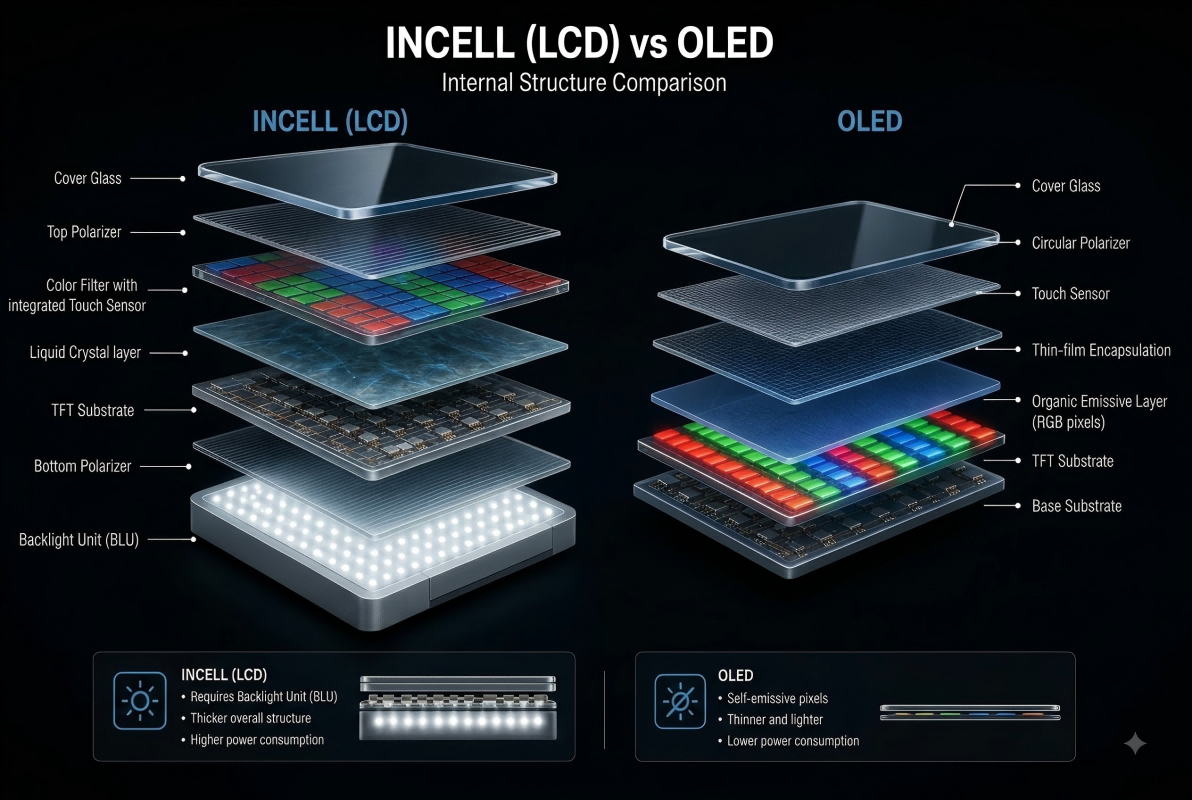 Incell LCD vs OLED iPhone screen comparison showing backlight structure difference
